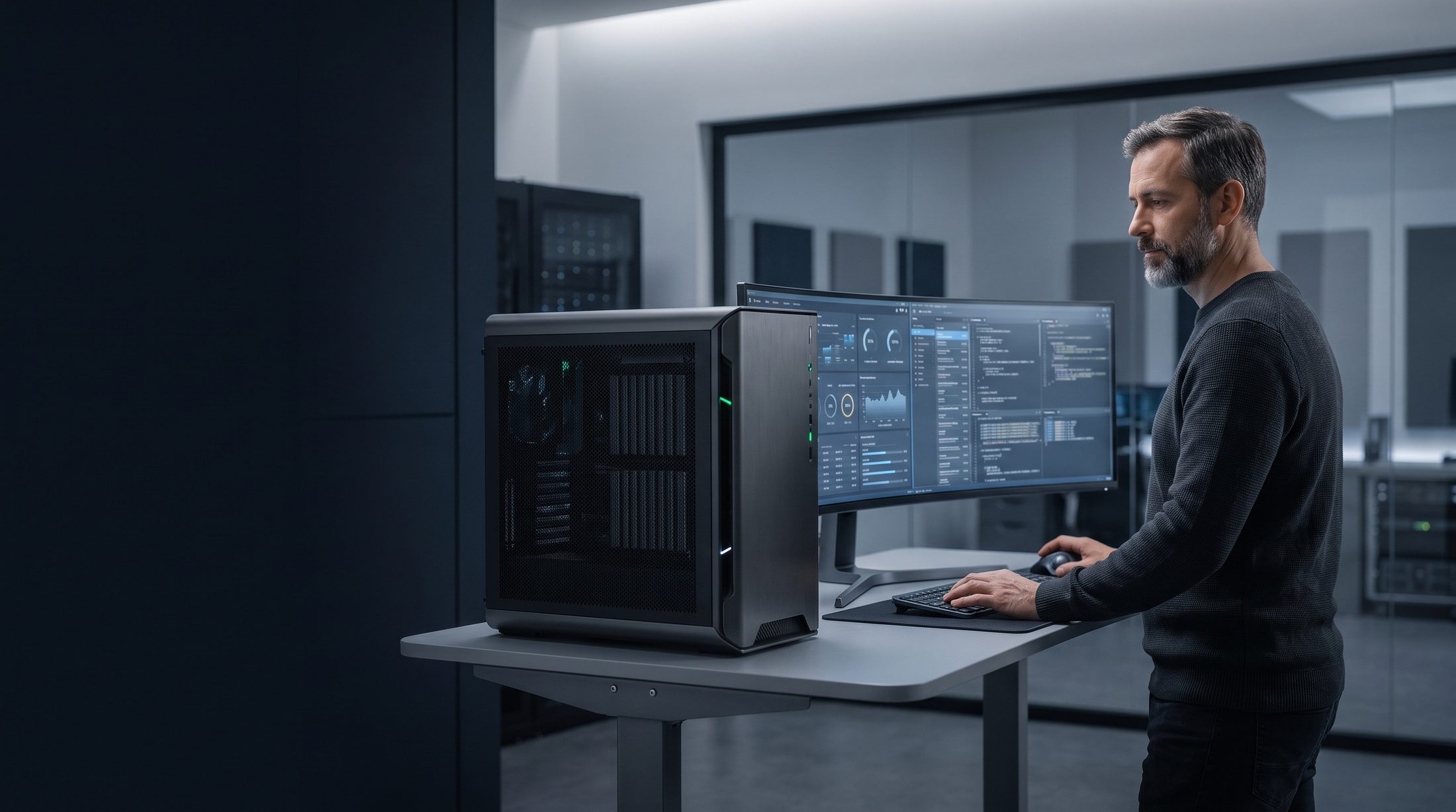 Inżynier przy stacji roboczej AI z monitorem pokazującym panel monitoringu, w tle szafy serwerowe