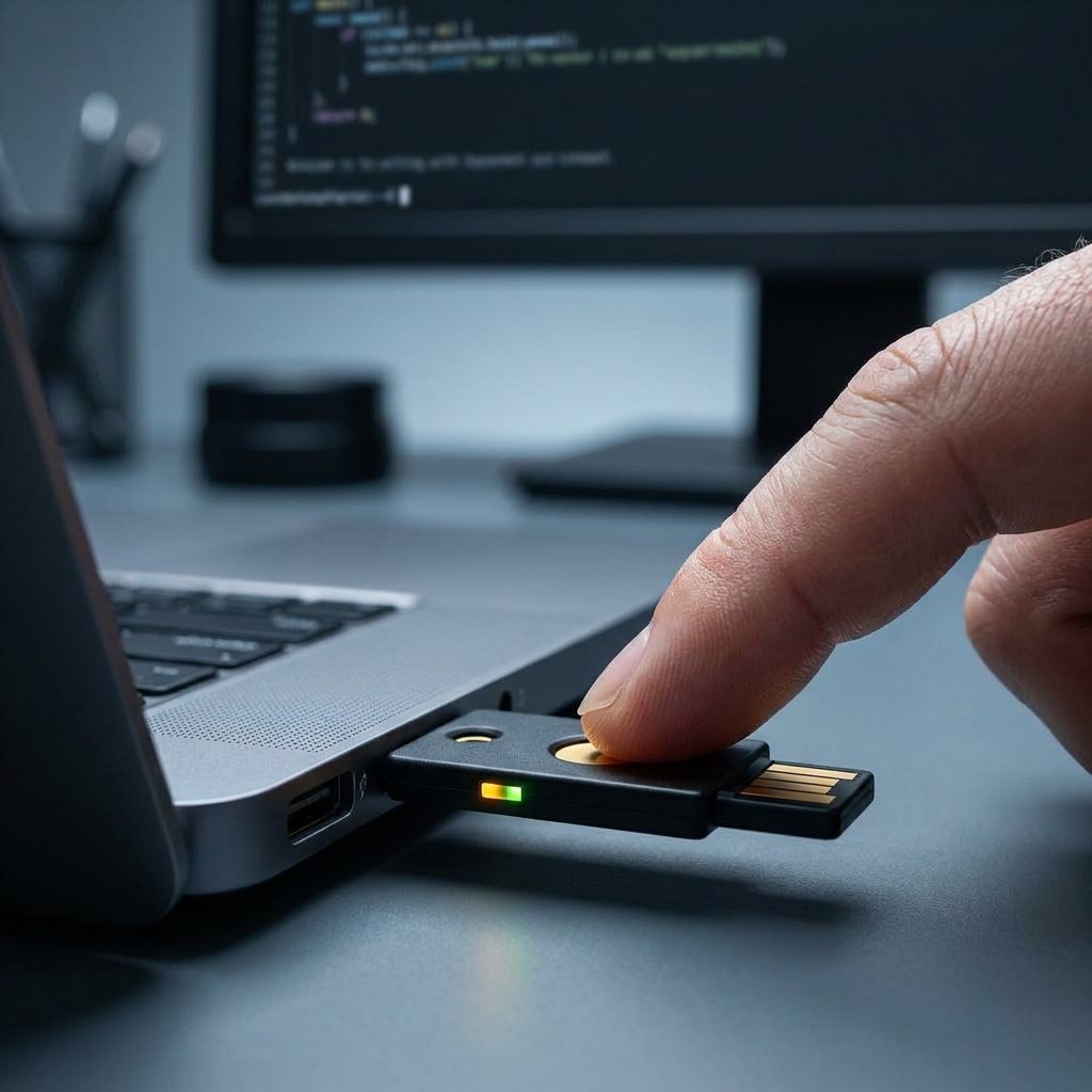 Dłoń dotykająca sprzętowego klucza bezpieczeństwa U2F/FIDO2 podłączonego do portu USB laptopa