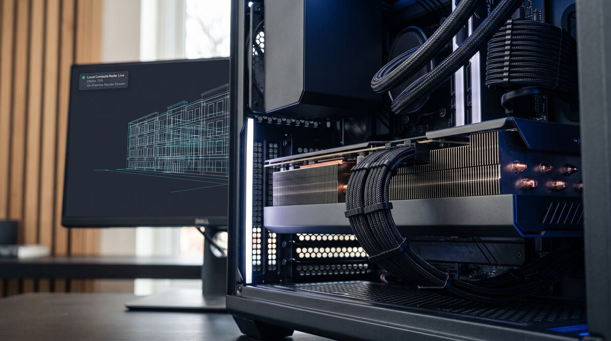 Stacja robocza z akceleracją GPU renderująca model budynku w programie CAD